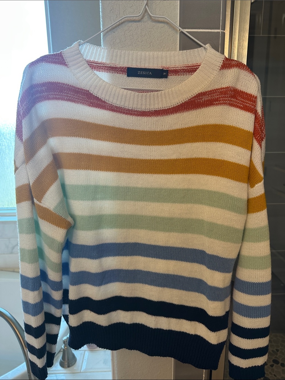 Zesica Women's Cream Crewneck Sweater with Multicolor Stripes